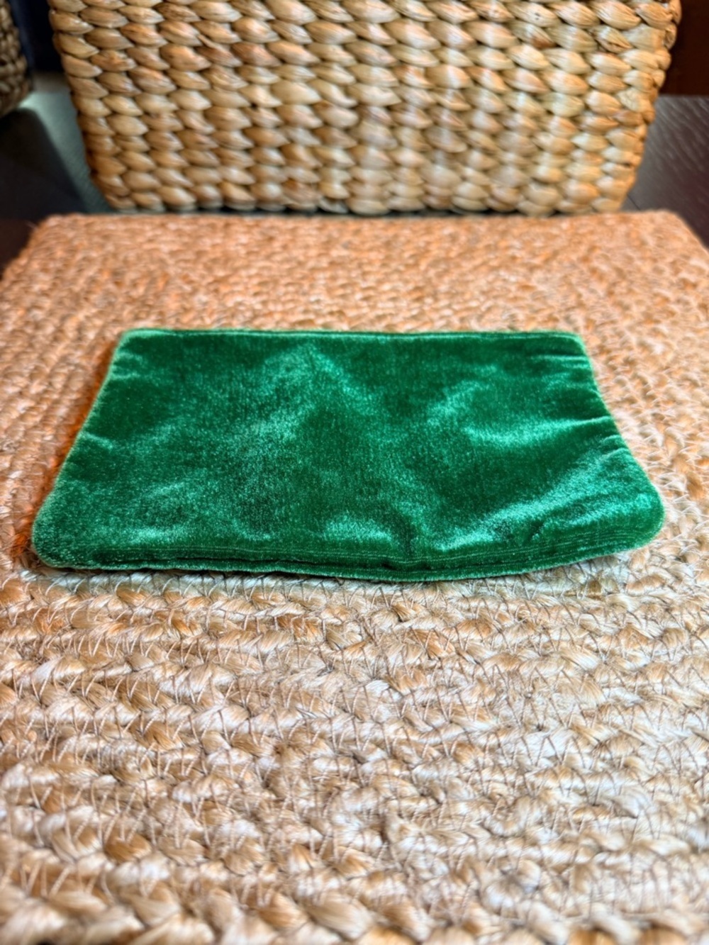 ipsy Green Velvet Makeup Pouch with Gold Charm and Maroon interior